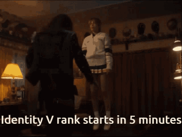 a woman standing on a chair with the words " identity v rank starts in 5 minutes " above her