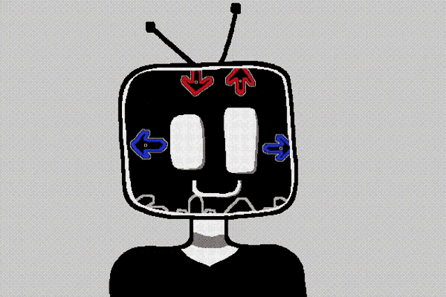 a drawing of a person with a tv head with arrows pointing in different directions