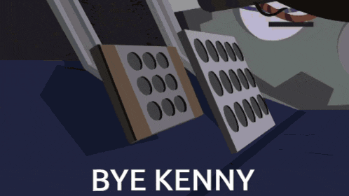 a cartoon of a person pressing a button with the words bye kenny below