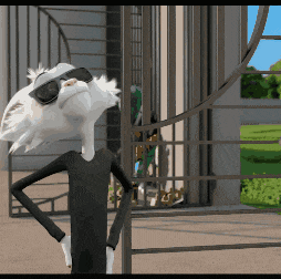 a cartoon character wearing sunglasses stands in front of a fence