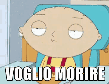 a cartoon character is sitting in a chair with the words voglio morire above him