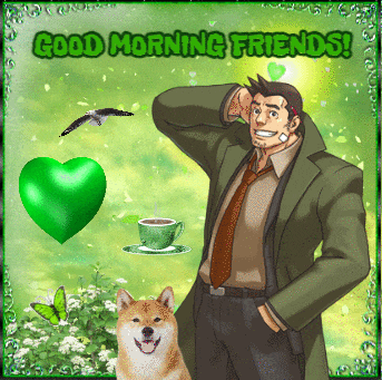 a man in a suit and tie is standing next to a dog and a cup of coffee