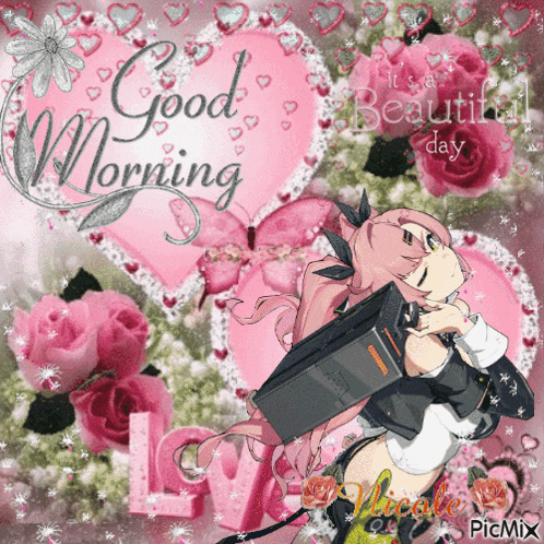 a good morning greeting card with a girl holding a laptop