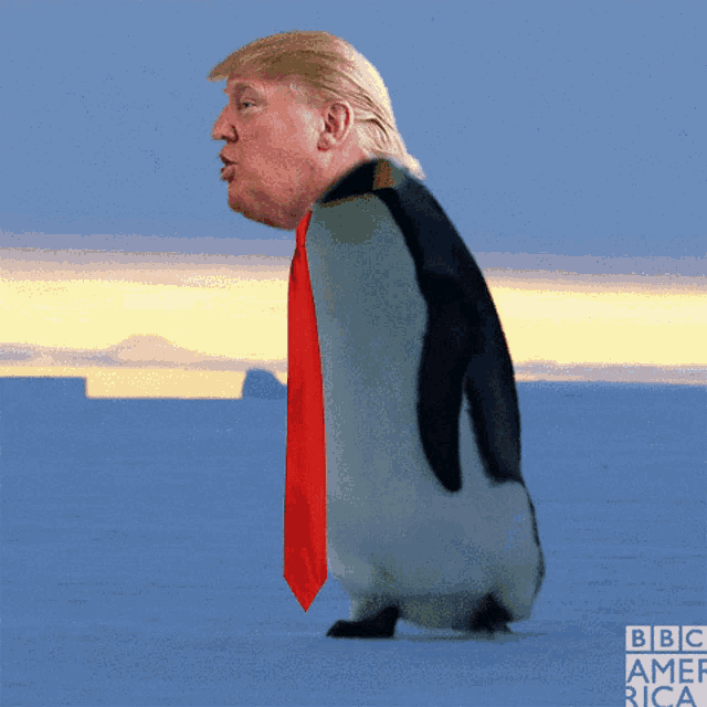 a picture of donald trump as a penguin with a red tie