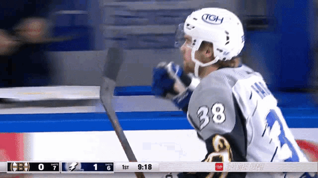a hockey player with the number 38 on his jersey is holding a hockey stick