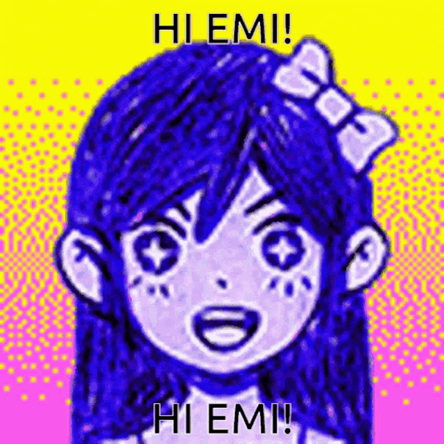 a drawing of a girl with a bow in her hair and the words `` hi emi ! hi emi ! ''