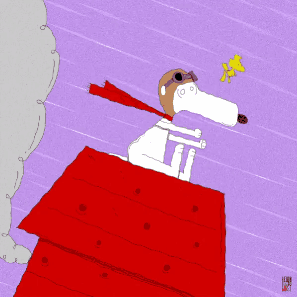 a cartoon of snoopy wearing a helmet and scarf flying in the air