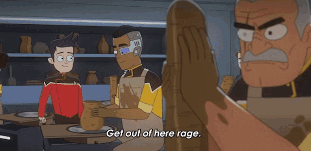 a cartoon says get out of here rage in front of a man