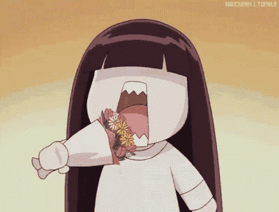 a cartoon character is holding a bouquet of flowers in her mouth .