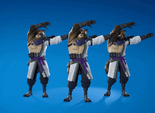 three raccoons are standing next to each other with their arms outstretched on a blue background