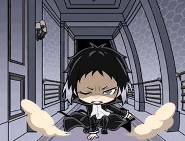 a cartoon character is sitting on the floor in a hallway with smoke coming out of his hands