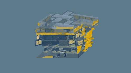 a blue and yellow cube with a few windows
