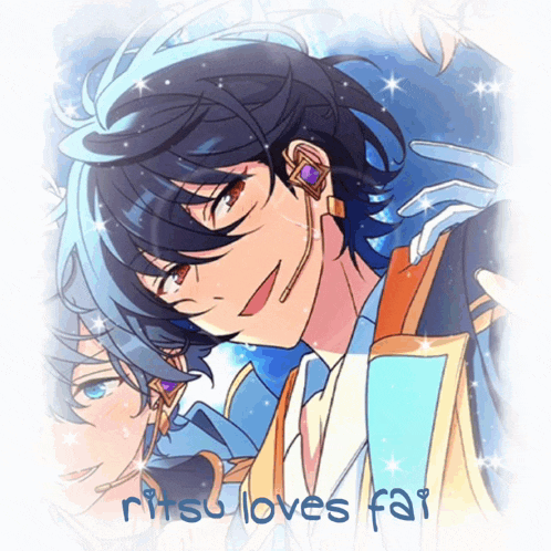 a drawing of a boy with the words " ritsu loves fair " at the bottom