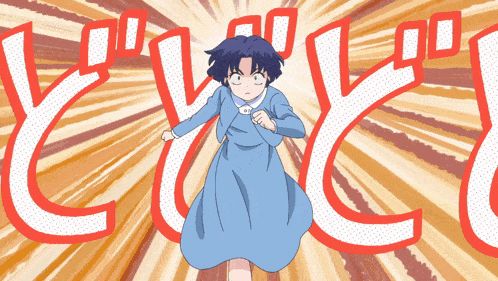 a girl in a blue dress stands in front of a burst of red and white letters that spell out the word " ec "