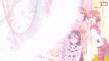 a group of anime girls are standing next to each other in a room with their arms in the air .