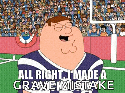 peter griffin from family guy is standing on a football field with a crowd of people in the background .