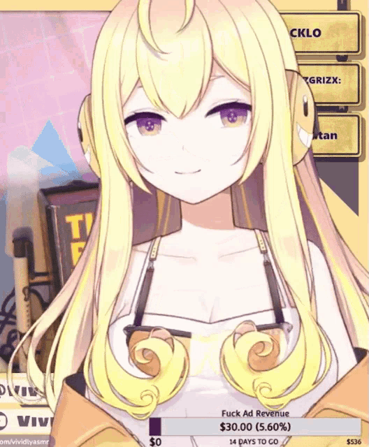 a screenshot of a video game with a girl with blonde hair and purple eyes and the words fuck ad revenue $30.00