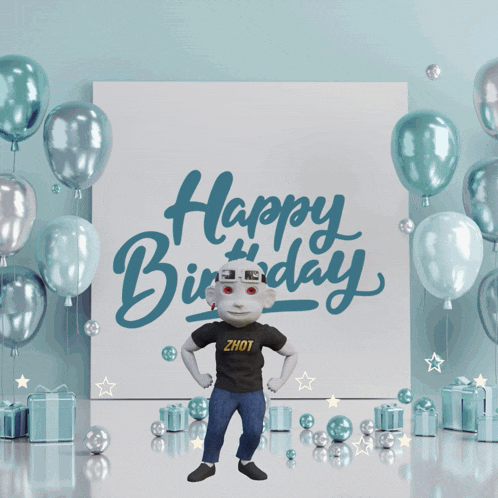 a cartoon character stands in front of a sign that says " happy birthday "