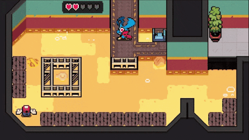 a pixel art drawing of a room with a plant and hearts on the wall