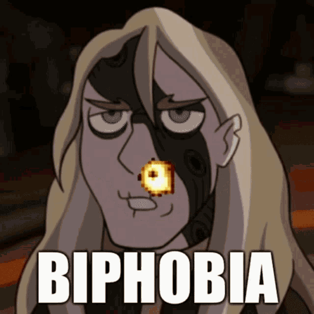 a cartoon character with the word biphobia written on it