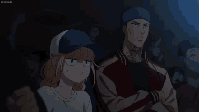 a man and a woman are sitting in a dark room and the man says kabe got up on stage