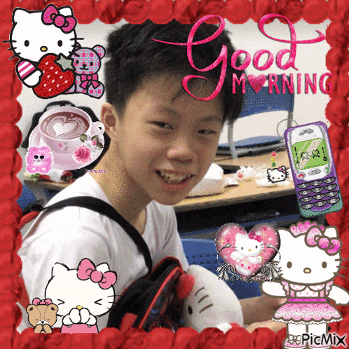 a picture of a boy with hello kitty on it and the words good morning