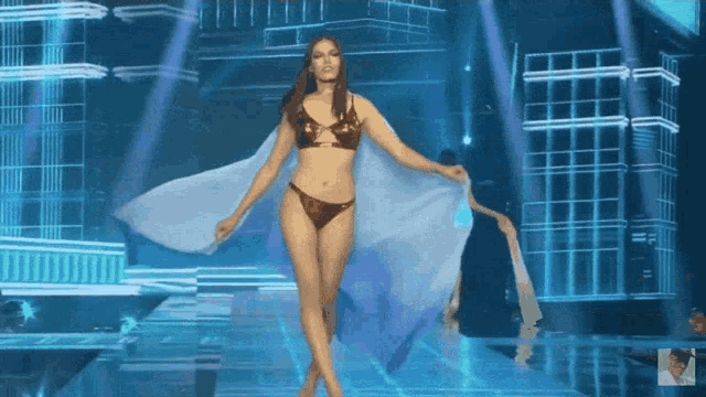 a woman in a bikini is walking down a runway at a beauty pageant .