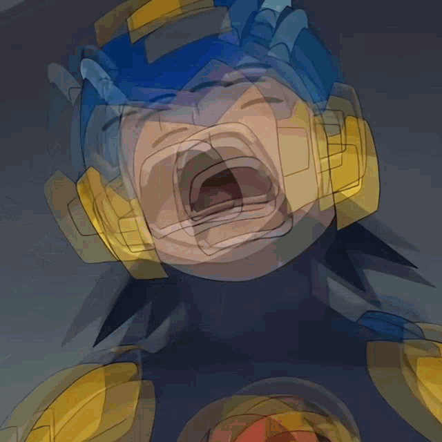 a cartoon character wearing a blue and yellow helmet with the letter h on it