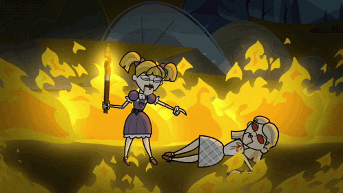 a cartoon of a girl holding a torch in front of a burning girl
