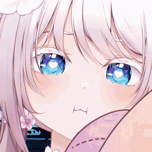 a close up of a girl 's face with blue eyes and white hair