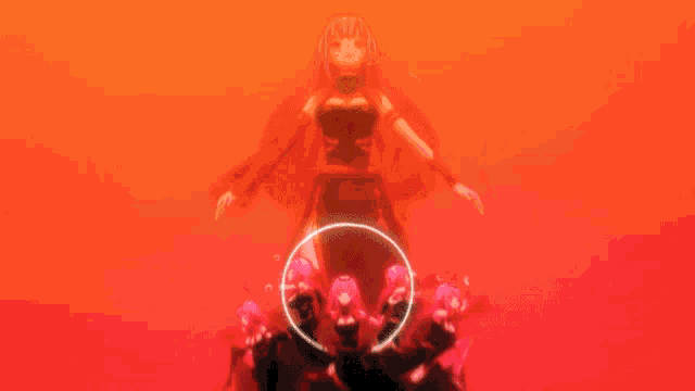 a group of anime characters are dancing in a circle with a red background