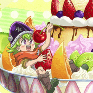 a girl is holding a cherry in front of a cake