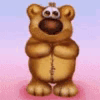 a cartoon teddy bear is standing on a pink surface with his hands folded .