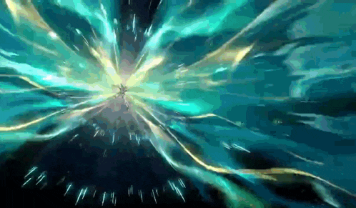 a person is flying through a blue and gold explosion