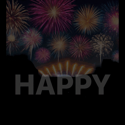 a happy new year greeting card with fireworks behind it
