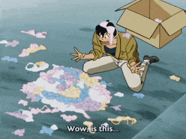 a man is kneeling down in front of a pile of bras with the words wow is this written on the bottom
