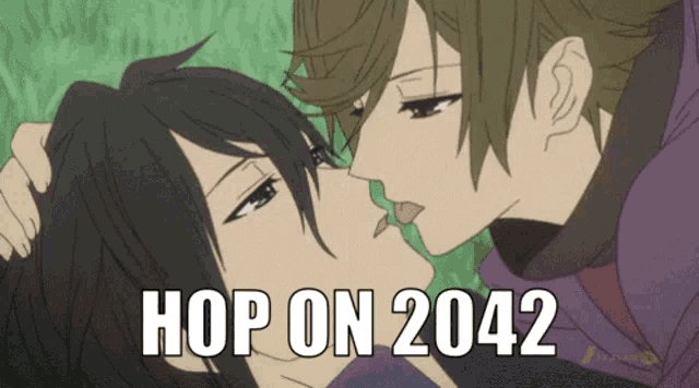 a couple of anime characters kissing with the words hop on 2042 below them