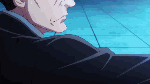 a close up of a man 's face in a black suit