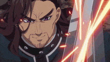 a man with long hair and a beard holds a sword