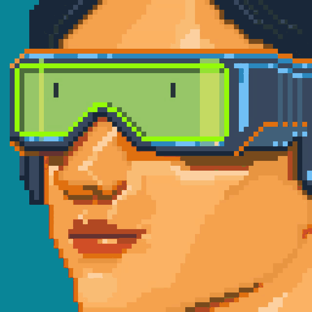 a pixel art drawing of a woman wearing a pair of goggles