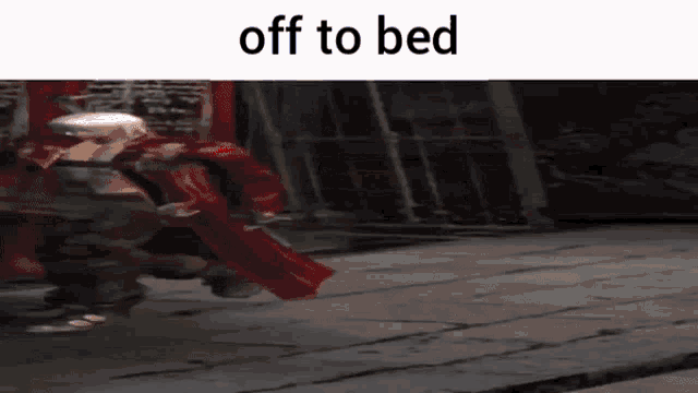 a person in a red cape is walking down a sidewalk with the words off to bed below them