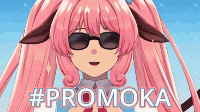 a girl with pink hair wearing sunglasses and the hashtag promoka