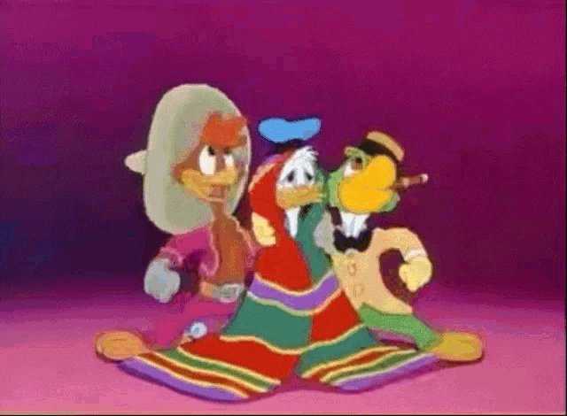 a group of cartoon characters are standing next to each other on a pink background .