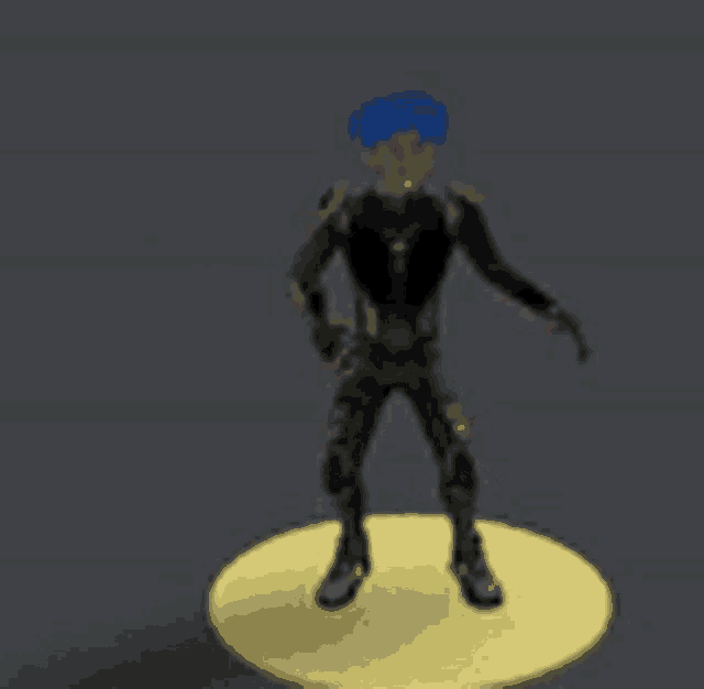 a cartoon character with blue hair is standing on a yellow circle on a dark background .