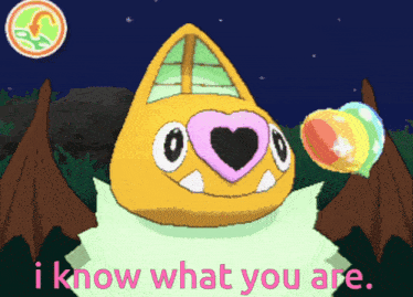 a cartoon bat with a heart on its face and the words i know what you are