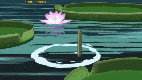 a pink lotus flower is surrounded by green lily pads and a challenger sign