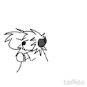 a black and white drawing of a cartoon character with a heart in the background .