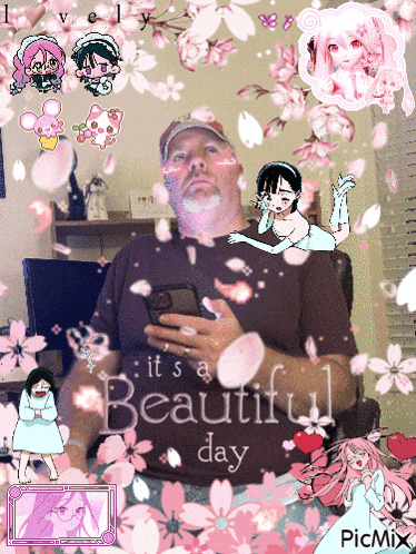 a man wearing a shirt that says ' it 's a beautiful day ' on it