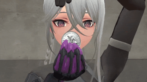a girl in a video game is holding a silver coin in her mouth