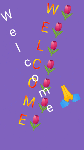 a purple background with pink flowers and the words welcome